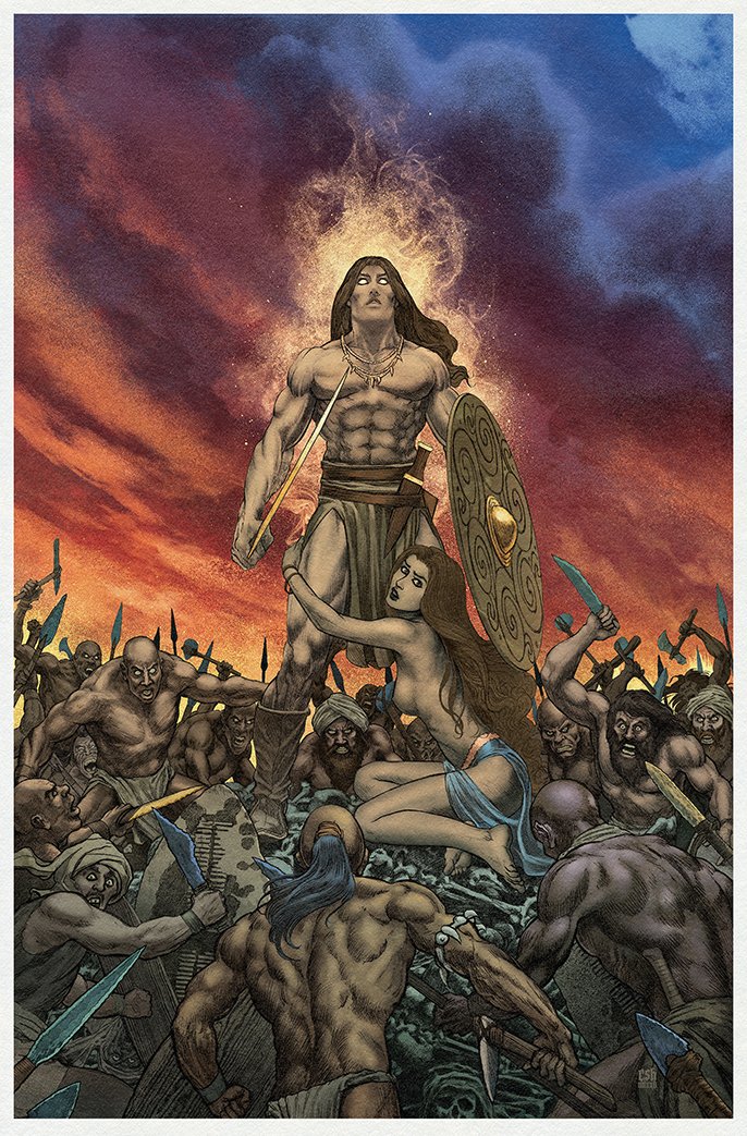 christian sloan hall, original, commentary, 6+boys, armlet, bald, battle, bone, breasts, brown eyes, brown hair, colored sclera, dagger, dark-skinned male, dark skin, dusk, holding, holding another's leg, holding dagger, holding knife, holding shield, holding sword, holding weapon, jewelry, knife, loincloth, medium hair, multiple boys, necklace, nipples, ponytail, sheath, shield, short sleeves, sword, warrior, weapon