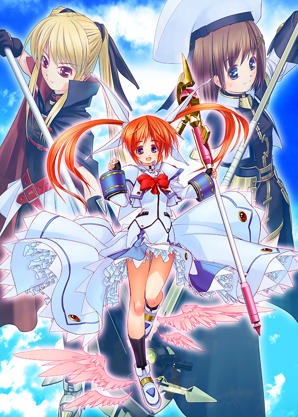 tom (1art.), bardiche (assault form) (nanoha), bardiche (nanoha), fate testarossa, fate testarossa (lightning form), raising heart, raising heart (accel mode), takamachi nanoha, takamachi nanoha (sacred mode), yagami hayate, lyrical nanoha, mahou shoujo lyrical nanoha, mahou shoujo lyrical nanoha a's, 00s, 3girls, blonde hair, blue eyes, brown hair, long hair, multiple girls, red eyes, twintails