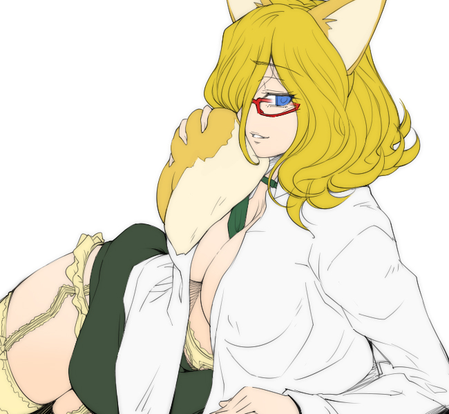 hairu, milly ashford, code geass, 00s, 1girl, blonde hair, blouse, blue eyes, breasts, cleavage, female focus, flat color, garter belt, glasses, hair over one eye, large breasts, necktie, open clothes, open shirt, raised eyebrow, shirt, skirt, smile, solo, thighhighs, white background