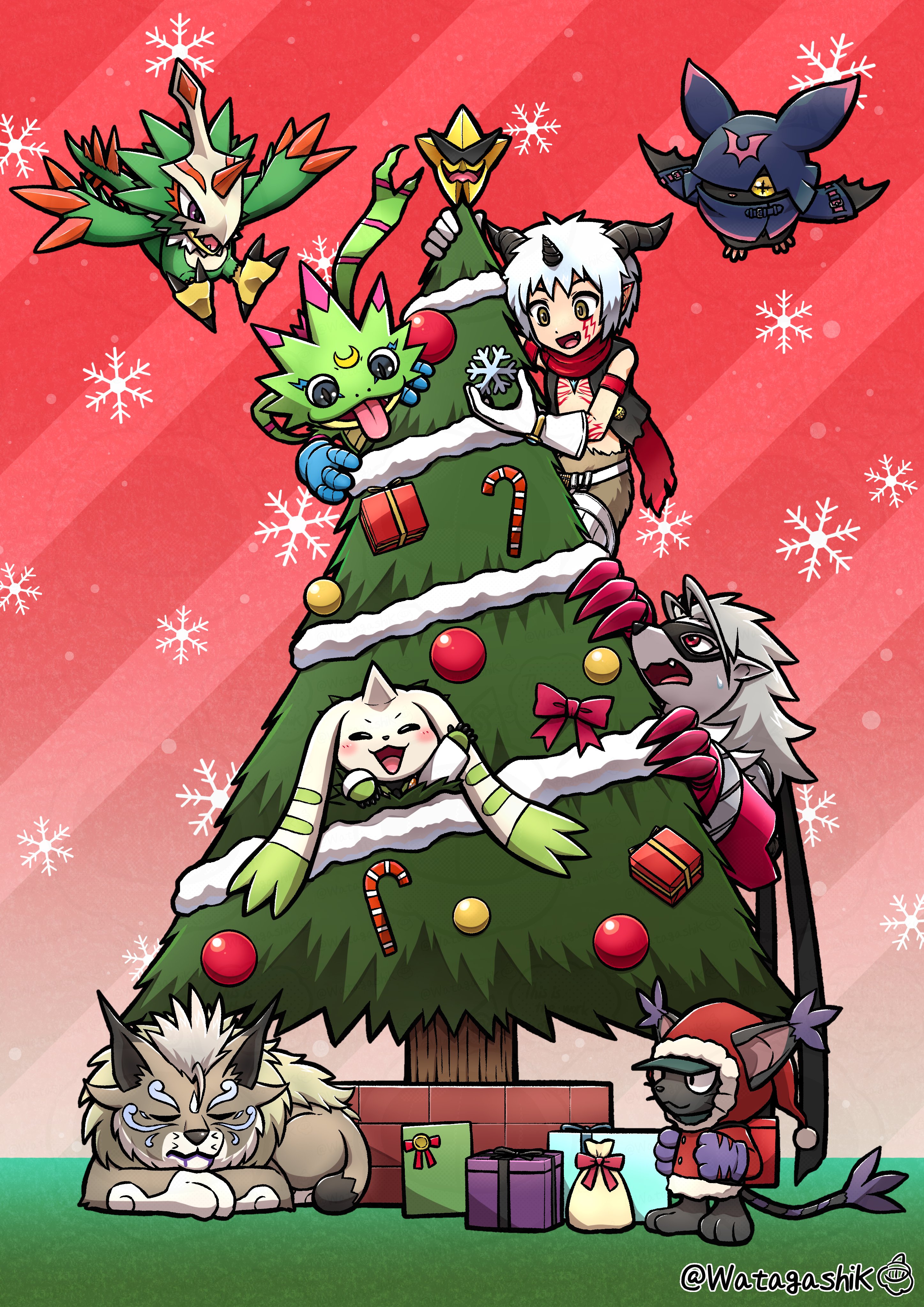 watagashikn, aegiomon, blacktailmon uver., chiropmon, gekkomon, pteromon, starmon (digimon xros wars), terriermon assistant, wolvermon, digimon, christmas, christmas tree, cougarmon, digimon (creature), looking at another, mask, star (symbol)