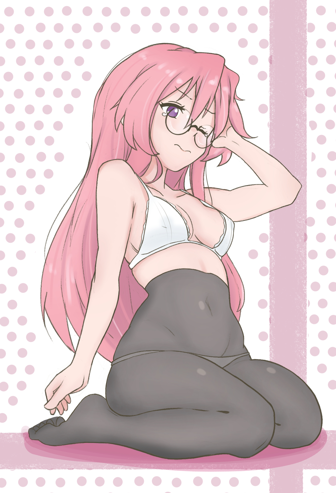 andreypavlow, takara miyuki, lucky star, commentary, highres, 1girl, adjusting hair, black pantyhose, blush, bra, breasts, collarbone, covered erect nipples, covered navel, feet, full body, glasses, hair between eyes, kneeling, long hair, medium breasts, one eye closed, panties, panties under pantyhose, pantyhose, pink background, pink hair, polka dot, polka dot background, purple eyes, shadow, sidelocks, solo, stomach, underwear, white background, white bra, white panties