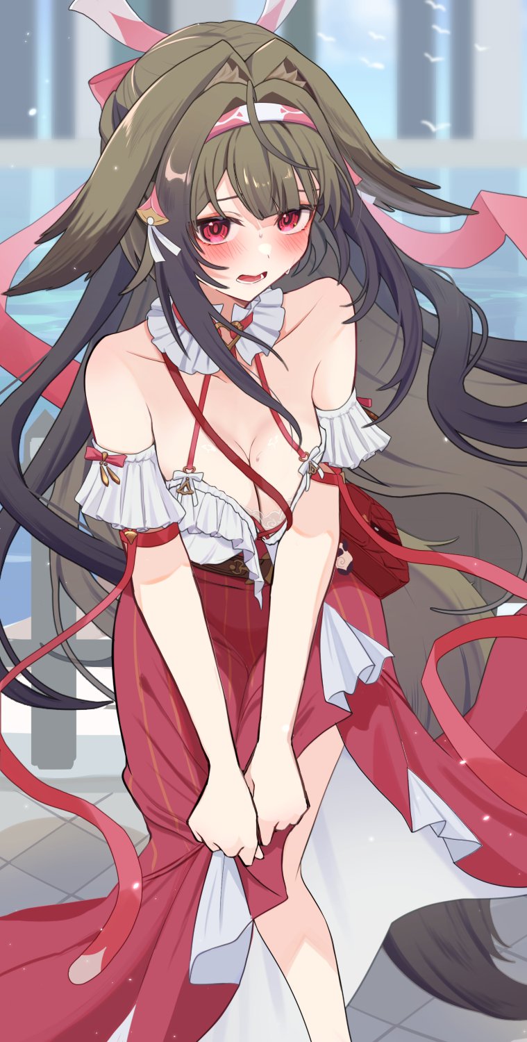 ruaruayana, ye shunguang, zenless zone zero, commentary request, highres, 1girl, armband, bag, bare shoulders, blush, breasts, brown hair, cleavage, collar, collarbone, cross-laced clothes, cross-laced top, droopy ears, feet out of frame, frilled armband, frilled collar, frilled shirt, frilled shirt collar, frills, hair intakes, hairband, high-waist shorts, knees together feet apart, large breasts, long hair, long skirt, looking at viewer, multicolored hairband, official alternate costume, open mouth, outdoors, red bag, red eyes, red hairband, red skirt, shirt, shorts, shoulder bag, skirt, skirt tug, solo, tail, white armband, white hairband, ye shunguang (touch of dawnlight)