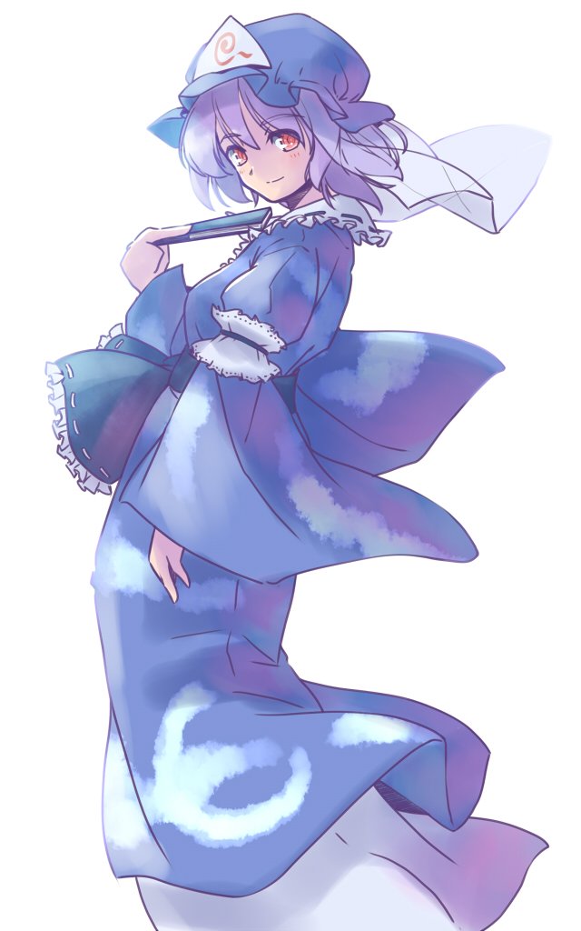 rangycrow, saigyouji yuyuko, touhou, commentary request, 1girl, black ribbon, black sash, blue dress, blue hat, cloud print, dress, feet out of frame, folding fan, from side, hand fan, hat, holding, holding fan, light blush, light smile, long dress, long sleeves, looking back, medium hair, mob cap, one-hour drawing challenge, pink hair, red eyes, ribbon, sash, see-through clothes, see-through veil, solo, triangular headpiece, veil, white background