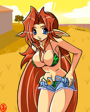 malon, nintendo, the legend of zelda, the legend of zelda: ocarina of time, lowres, bikini, blue eyes, breasts, cleavage, long hair, pointy ears, swimsuit