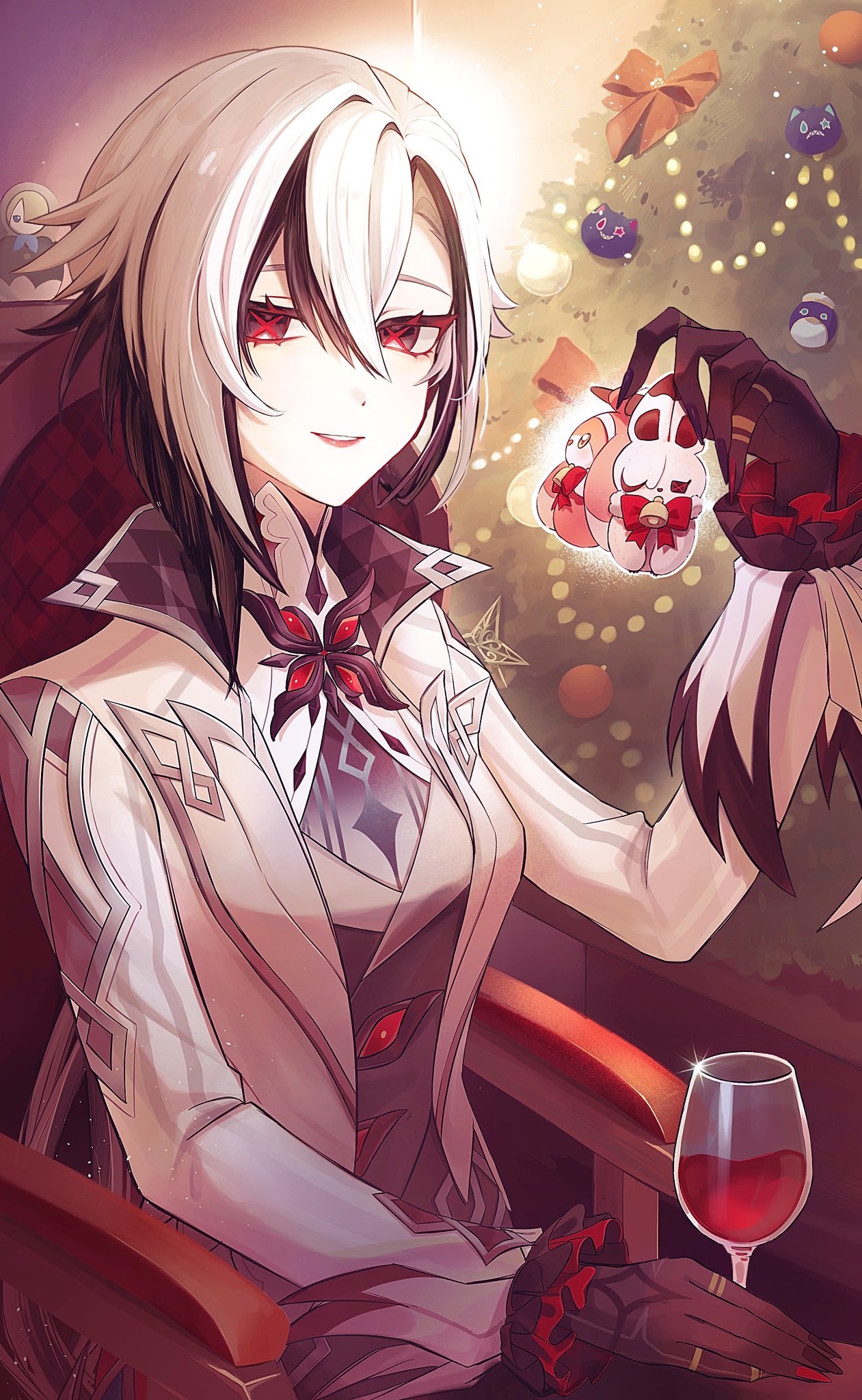 ymdm0826, arlecchino (genshin impact), freminet (genshin impact), genshin impact, commentary request, highres, 1girl, black eyes, black hair, christmas tree, coat, colored extremities, cup, drinking glass, fingernails, frilled sleeves, frills, hair between eyes, high collar, holding ornament, jacket, lipstick, long fingernails, makeup, multicolored hair, ponytail, red pupils, symbol-shaped pupils, two-tone hair, upper body, white hair, white jacket, wine glass, x-shaped pupils