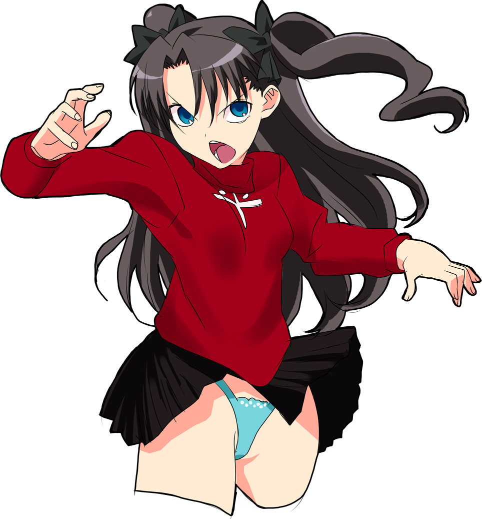 baba arumi, tohsaka rin, fate/stay night, fate (series), bad id, bad pixiv id, 00s, 1girl, black hair, blue panties, clothes lift, cowboy shot, cropped legs, female focus, green eyes, highleg, highleg panties, open mouth, panties, skirt, skirt lift, solo, twintails, two side up, underwear, wind, wind lift