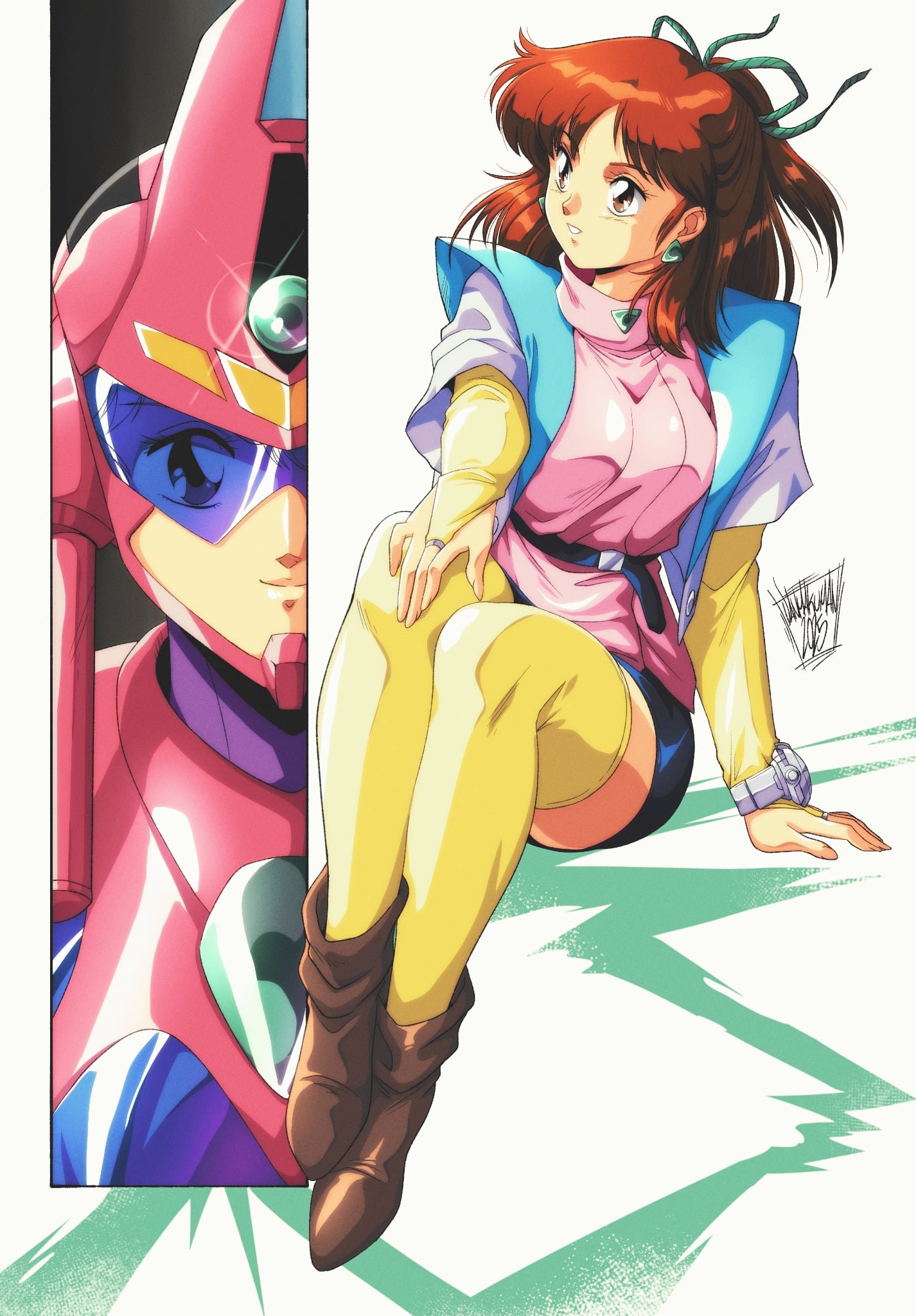 danmakuman, anice farm, chouon senshi borgman, commentary, english commentary, highres, 1girl, armor, artist name, assault visor, belt, belt buckle, black belt, black skirt, boots, breasts, bridal gauntlets, brown boots, brown eyes, brown hair, buckle, closed mouth, dated, earrings, elbow gloves, gloves, green ribbon, hair ribbon, half updo, hand on own knee, helmet, jacket, jewelry, looking afar, medium breasts, medium hair, miniskirt, multiple views, open clothes, open jacket, parted lips, pencil skirt, pink shirt, ribbon, shirt, short sleeves, sitting, skirt, smile, thighhighs, triangle earrings, white jacket, yellow gloves, yellow thighhighs