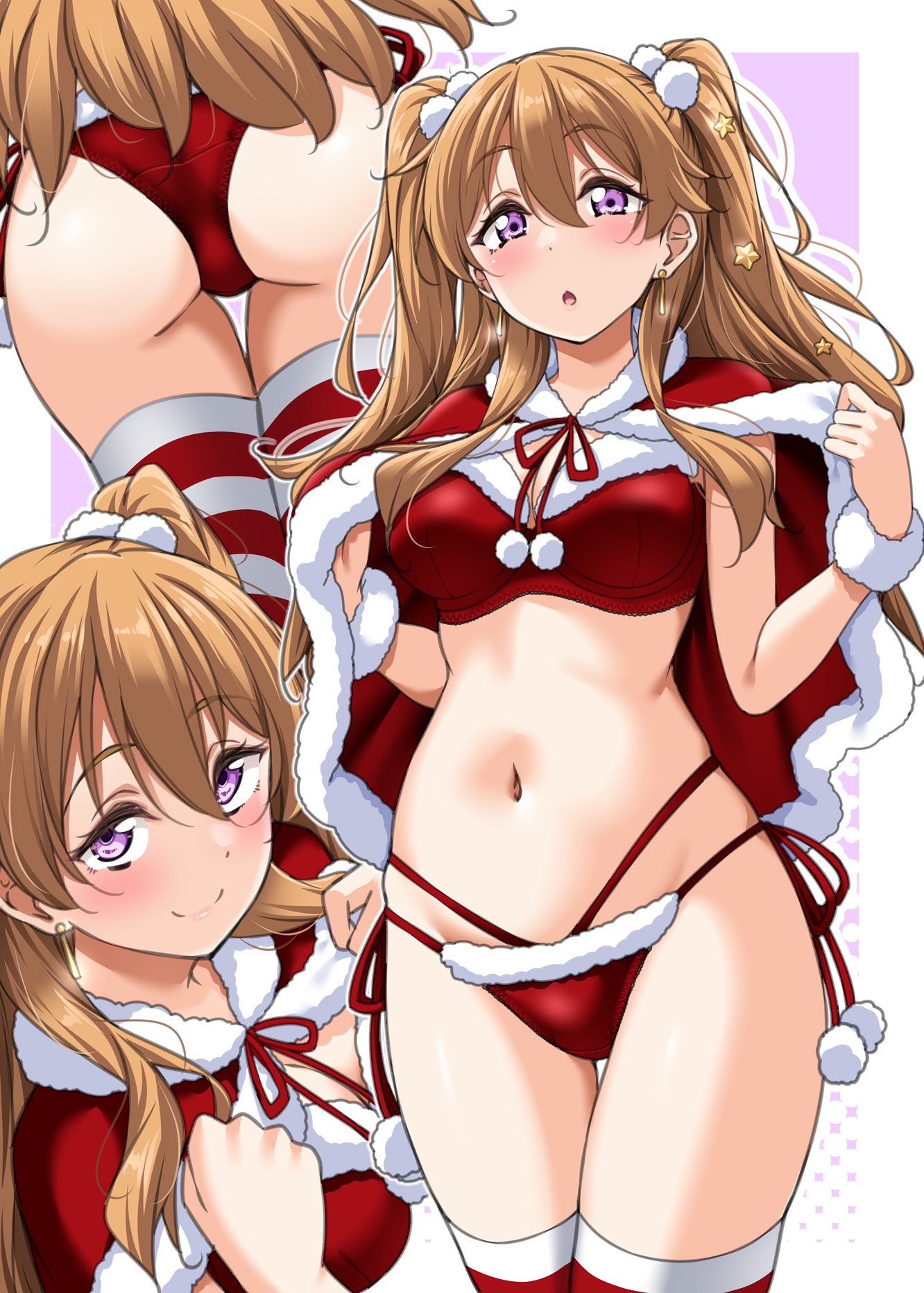 yopparai oni, konoe kanata, love live!, love live! nijigasaki high school idol club, commentary request, highres, 1girl, ass, bikini, blush, breasts, brown hair, closed mouth, coat lift, earrings, hair ornament, jewelry, large breasts, lips, long hair, looking at viewer, multiple views, navel, parted lips, purple background, purple eyes, santa bra, santa coat, santa costume, smile, solo, star (symbol), star hair ornament, string bikini, striped clothes, striped thighhighs, swimsuit, thighhighs, thighs, twintails, wrist cuffs