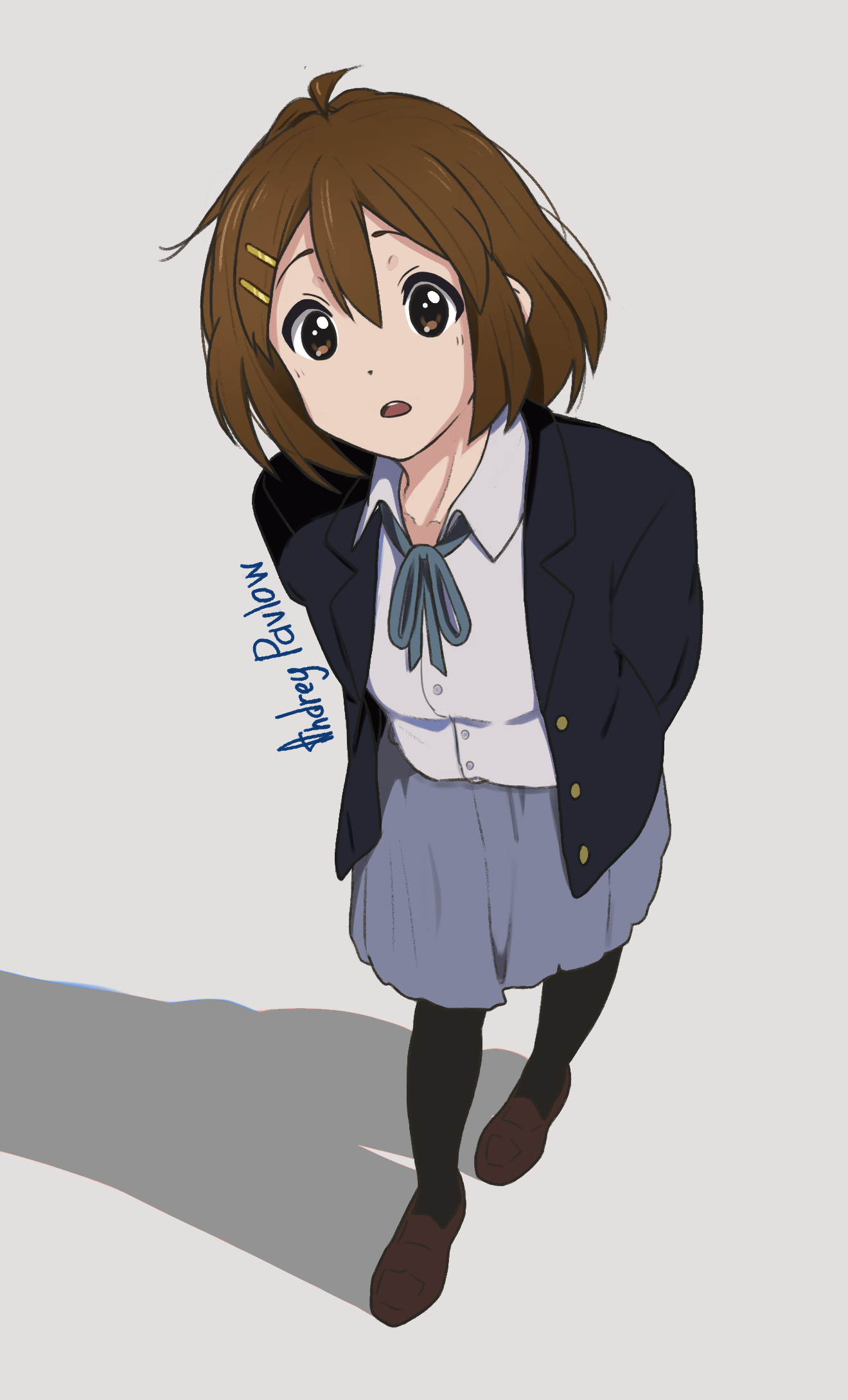 andreypavlow, hirasawa yui, k-on!, commentary, highres, 1girl, ahoge, artist name, black pantyhose, blue jacket, blue skirt, brown eyes, brown hair, brown shoes, collared shirt, double-parted bangs, dress shirt, from above, full body, grey background, hair between eyes, hair ornament, hairclip, jacket, loafers, long sleeves, looking at viewer, neck ribbon, open clothes, open jacket, open mouth, pantyhose, parallel hairclips, pleated skirt, ribbon, shadow, shirt, shoes, signature, simple background, skirt, solo, white shirt