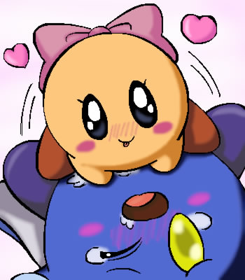 kirby, meta knight, kirby (series), nintendo, original, artist request, lowres, 1boy, 1girl, blush, bow, cowgirl position, girl on top, heart, hetero, looking at viewer, moaning, monster, no humans, one eye closed, open mouth, ribbon, sex, size difference, smile, straddling, tongue, wink, yellow eyes