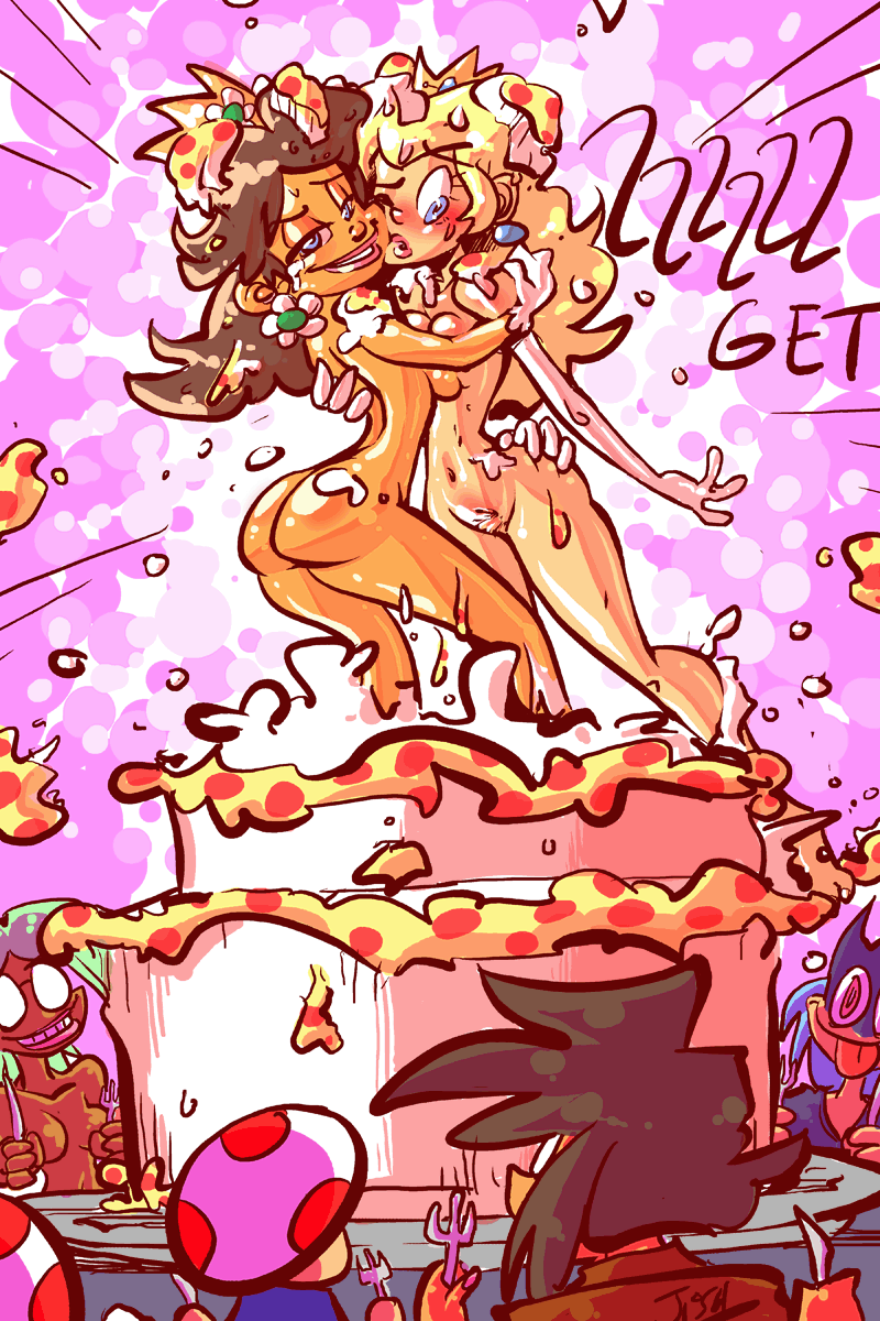 josh lesnick, princess daisy, princess peach, mario (series), nintendo, super mario bros. 1, ass grab, messy, toad, character request, highres, 2girls, ass, blonde hair, blue eyes, blush, breast press, breasts, brown hair, cake, covered in food, crown, earrings, elbow gloves, embarrassed, food, girl in cake, gloves, jewelry, long hair, multiple girls, nude, one eye closed, princess, pubic hair, public indecency, smile, symmetrical docking, table, wink, worried