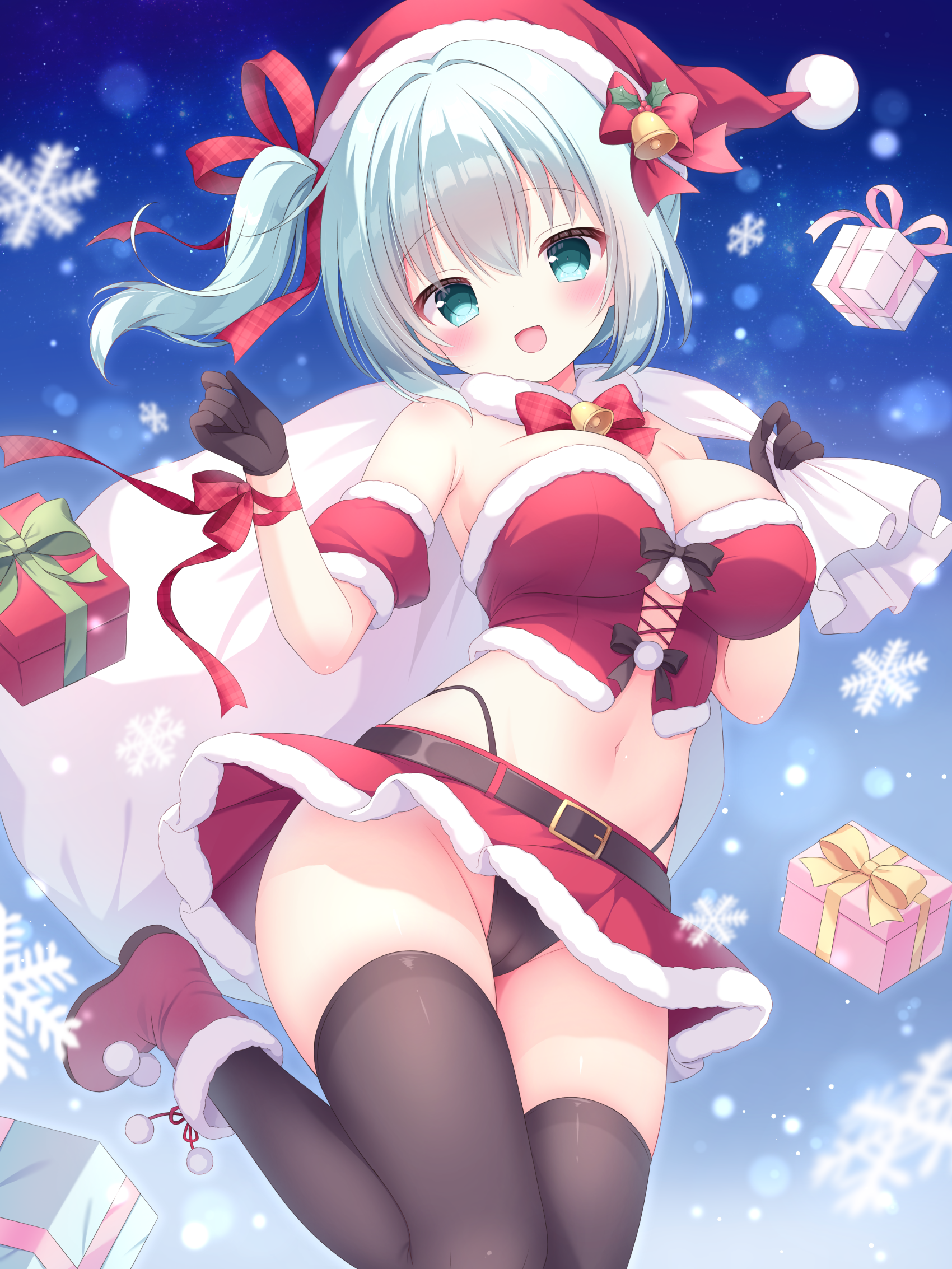 nekoboshi yuki, original, commentary request, highres, 1girl, :d, aqua eyes, armband, belt, belt buckle, black belt, black panties, black thighhighs, blush, boots, breasts, buckle, cameltoe, choppy bangs, christmas, christmas present, cropped shirt, cross-laced clothes, cross-laced top, foot out of frame, fur-trimmed boots, fur-trimmed shirt, fur-trimmed skirt, fur trim, gift, grey hair, hands up, hat, highleg, highleg panties, holding, holding sack, large breasts, leg up, looking at viewer, midriff, miniskirt, navel, one side up, open mouth, panties, red armband, red boots, red shirt, red skirt, sack, santa costume, santa hat, shirt, short hair, skirt, smile, snowflakes, solo, strapless, strapless shirt, string panties, thighhighs, underwear