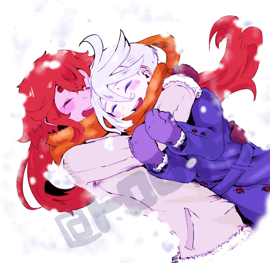 you ing, miorine rembran, suletta mercury, gundam, gundam suisei no majo, commentary request, 2girls, blue coat, blush, closed eyes, coat, gloves, grey coat, hug, long hair, mittens, multiple girls, open mouth, orange scarf, purple gloves, red gloves, red hair, scarf, smile, snowing, white background, white hair, yuri