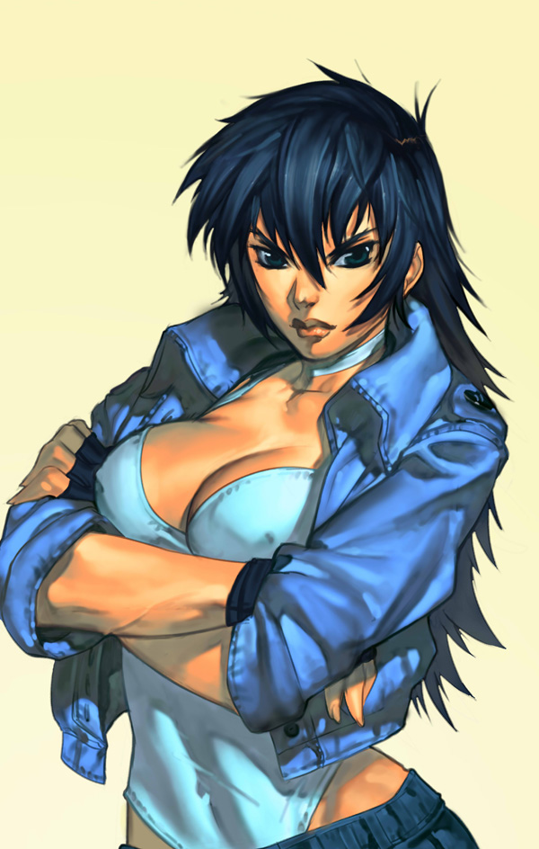 chuck pires, angel (angel cop), angel cop, 1girl, blue hair, breasts, choker, cleavage, crossed arms, female focus, fingerless gloves, gloves, green eyes, halterneck, jacket, lips, solo