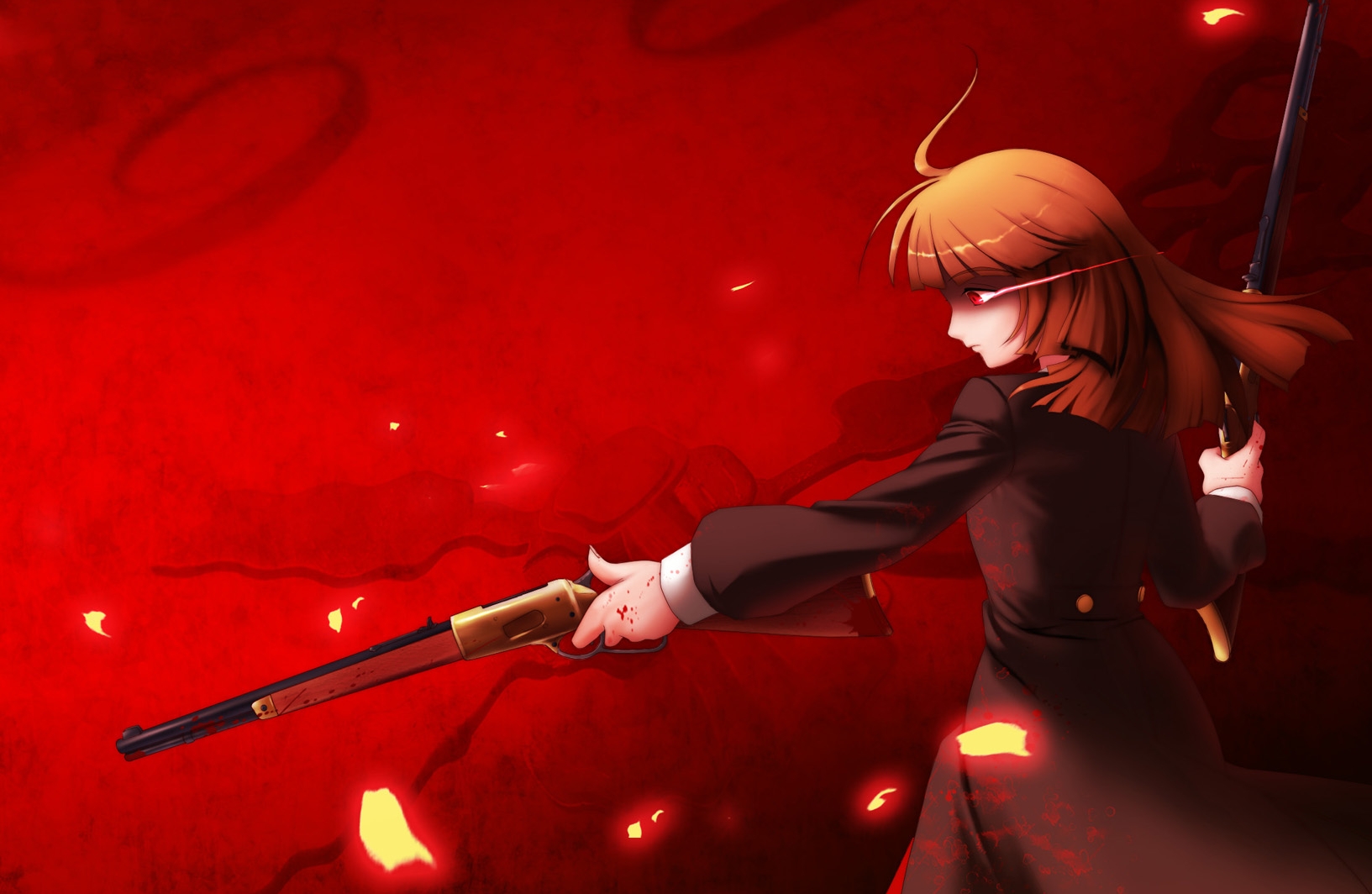 vanilla 1000, ushiromiya rosa, umineko no naku koro ni, cropped, duplicate, highres, 00s, 1girl, bad anatomy, bad hands, blonde hair, blood, female focus, gun, hime cut, poorly drawn, red eyes, solo, weapon