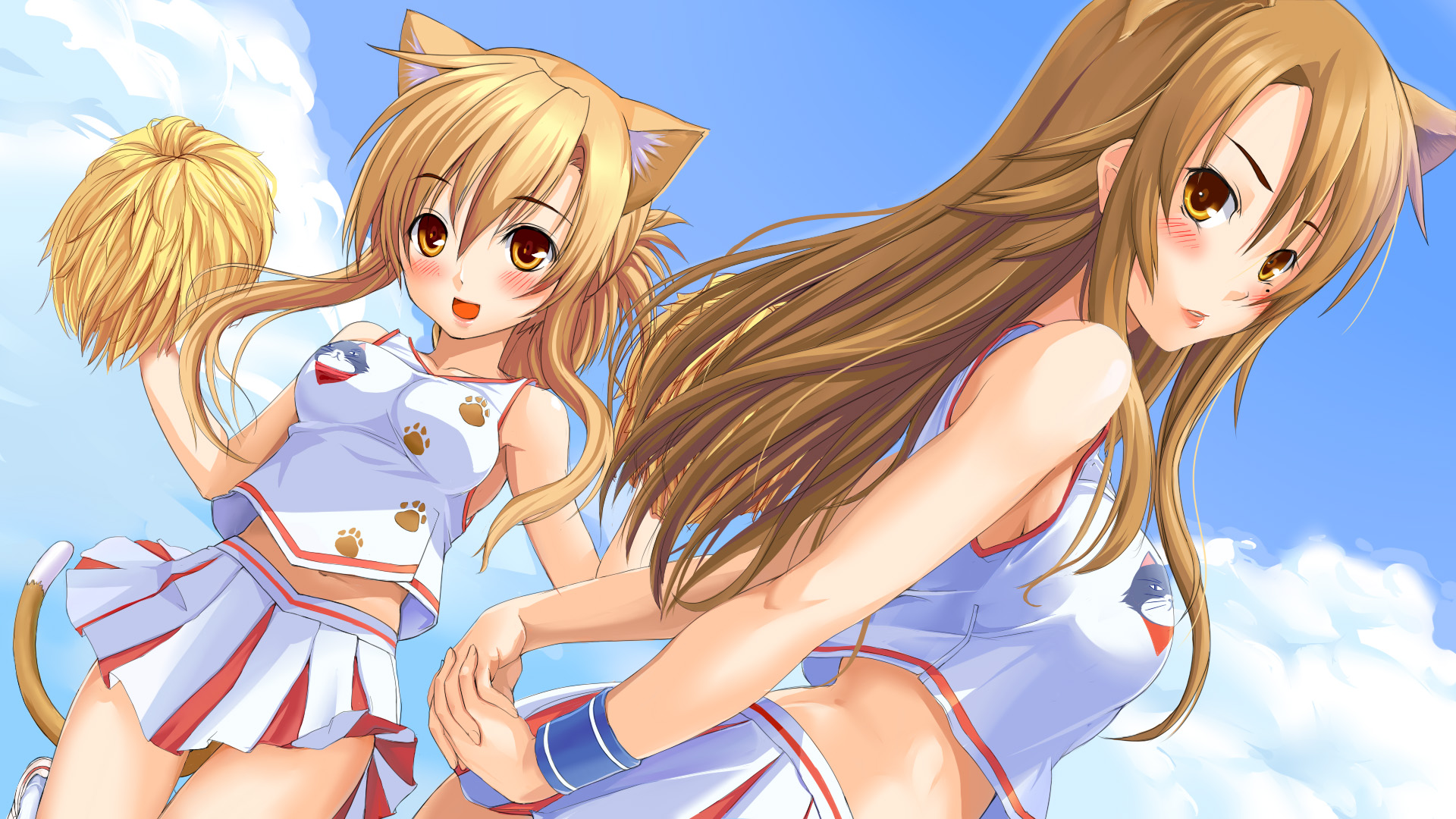 tenoteno, mizuno kaede, nyamsas, sumiyoshi kanako, nyan koi!, highres, 00s, 2girls, animal ears, blush, cheerleader, midriff, multiple girls, pom pom (cheerleading), smile, tail