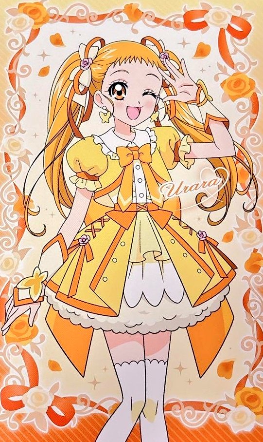 kasugano urara (yes! precure 5), precure, yes! precure 5, yes! precure 5 gogo!, artist request, commentary, english commentary, official art, third-party source, 1girl, alternate costume, back bow, blonde hair, border, bow, bow skirt, bowtie, butterfly earrings, buttons, center frills, character name, collared shirt, corset, cowboy shot, cropped jacket, cross-laced clothes, cross-laced skirt, dot nose, dress shirt, earrings, eyelashes, flower, forehead, frilled shirt collar, frilled sleeves, frills, gradient background, gradient border, hair bow, hair flower, hair ornament, hair ribbon, hand on own head, happy, heart, heart of string, jacket, jewelry, knees, layered skirt, light blush, long hair, looking at viewer, miniskirt, one eye closed, open clothes, open jacket, open mouth, orange border, orange bow, orange corset, orange eyes, orange ribbon, outside border, petals, petticoat, picture frame, pink flower, pink rose, pleated skirt, puffy short sleeves, puffy sleeves, ribbon, rose, rose petals, shirt, short sleeves, skirt, smile, solo, sparkle, standing, striped border, tareme, thighhighs, twintails, two-sided fabric, two-sided jacket, two-tone border, white arm warmers, white bow, white shirt, white skirt, white thighhighs, yellow background, yellow border, yellow bow, yellow bowtie, yellow flower, yellow jacket, yellow rose, yellow skirt, yellow theme, zettai ryouiki