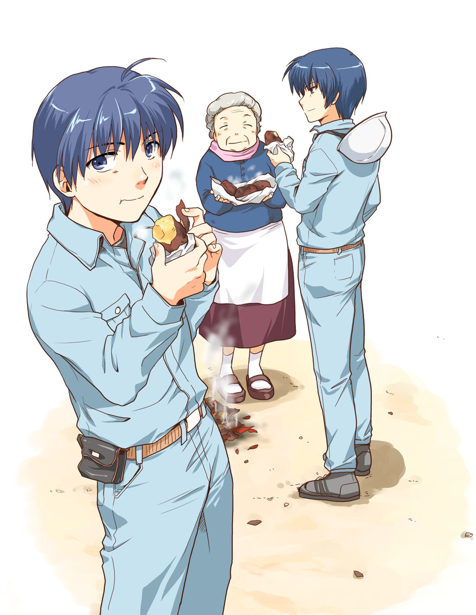 misaki juri, okazaki tomoya, yoshino yuusuke, clannad, highres, 00s, 1girl, 2boys, blue eyes, blue hair, eating, food, helmet, jumpsuit, multiple boys, old, old woman, roasted sweet potato, steam, sweet potato