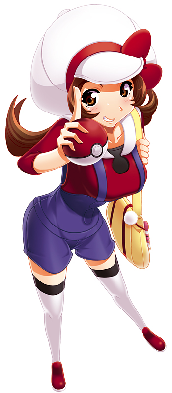 tatsuka wanagi, tatsukawa nagi, lyra (pokemon), nintendo, pokemon, pokemon hgss, bad id, bad pixiv id, long image, tall image, 00s, 1girl, brown eyes, brown hair, female focus, hat, hat ribbon, holding, holding poke ball, newsboy cap, overalls, poke ball, poke ball (basic), pokegear, red ribbon, ribbon, short twintails, simple background, smile, solo, thighhighs, twintails, white background, white thighhighs