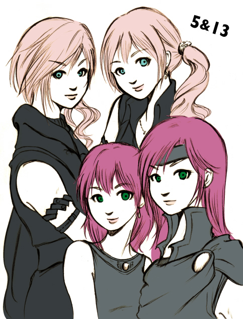 wt-nine, faris scherwiz, lenna charlotte tycoon, lightning farron, serah farron, final fantasy, final fantasy v, final fantasy xiii, bad id, bad pixiv id, 10s, 1990s (style), 4girls, androgynous, blue eyes, earrings, green eyes, headband, jewelry, long hair, multiple girls, pink hair, purple hair, reverse trap, short hair, siblings, side ponytail, sisters, trait connection, white background