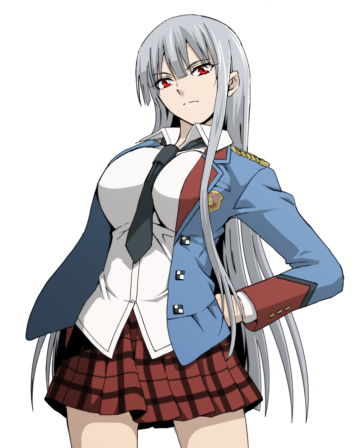 taguchi kenji (omaep), selvaria bles, senjou no valkyria, senjou no valkyria (series), senjou no valkyria 1, senjou no valkyria 2, silver hair, 00s, 1girl, breasts, cowboy shot, female focus, hand on own hip, hip focus, jacket, large breasts, long hair, necktie, plaid clothes, plaid skirt, red eyes, school uniform, simple background, skirt, solo, white background