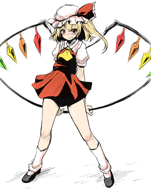 fechirin, flandre scarlet, embodiment of scarlet devil, touhou, 1girl, black shoes, blonde hair, blouse, blush, collared shirt, fang, female focus, full body, hair between eyes, hat, mob cap, red eyes, shirt, shoes, side ponytail, socks, solo, white background, white hat, white shirt, white socks, wings