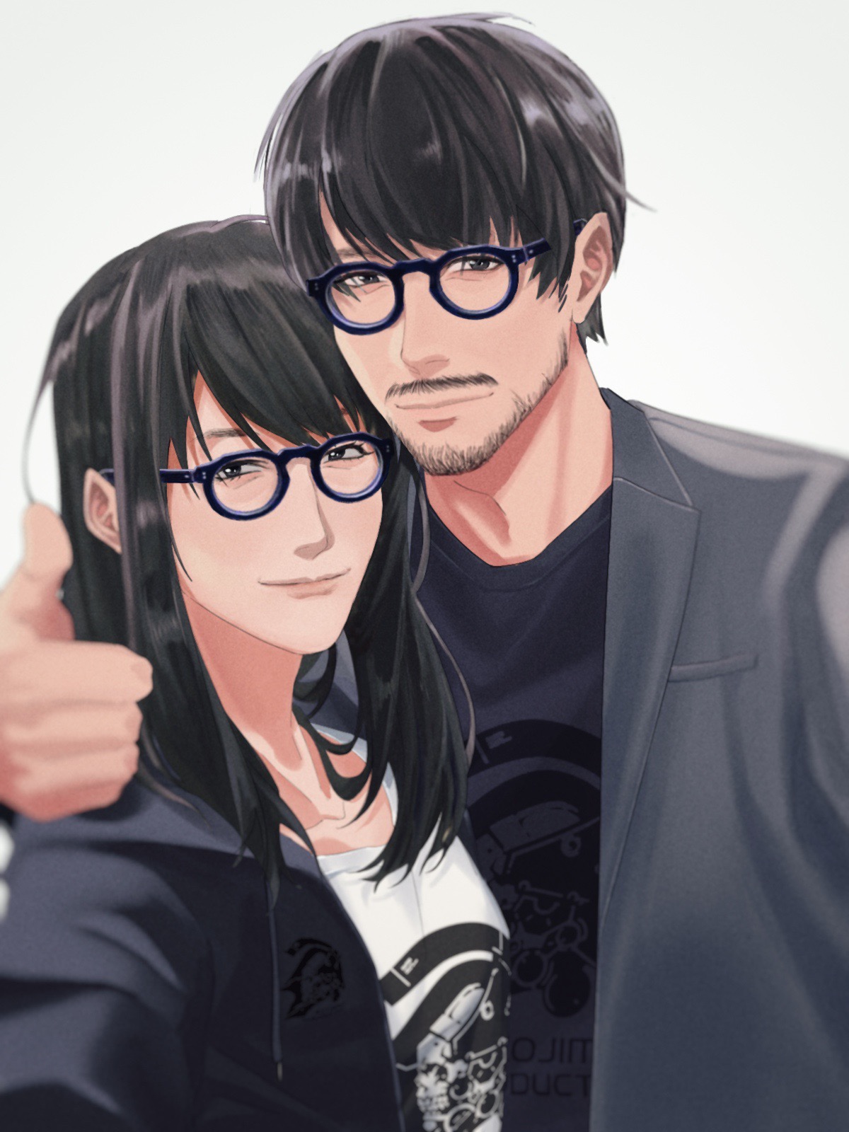 anthonykaen, kojima hideo, real life, chinese commentary, commentary request, highres, 1boy, 1girl, beard, black-framed eyewear, black eyes, black hair, black jacket, black shirt, closed mouth, drawstring, facial hair, glasses, hand on another's shoulder, hand rest, jacket, looking at viewer, medium hair, mustache, open clothes, open jacket, print shirt, reaching, reaching towards viewer, shirt, short hair, simple background, smile, suit jacket, terashima ayako, thumbs up, upper body, white background, white shirt