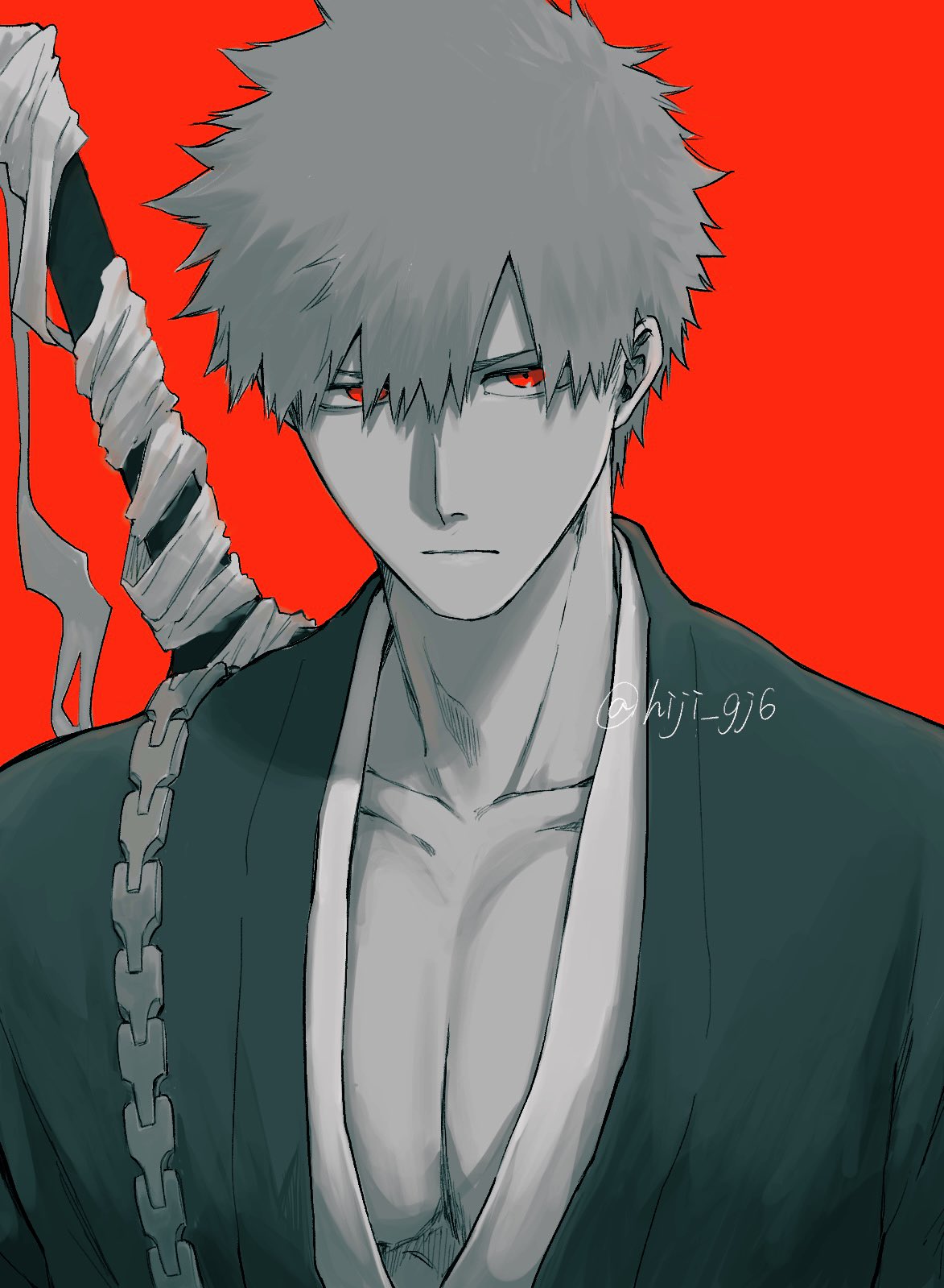 kurosaki ichigo, bleach, highres, 1boy, black kimono, hijiko, japanese clothes, kimono, muscular, muscular male, red background, serious, signature, spiked hair, weapon, weapon on back, zanpakutou