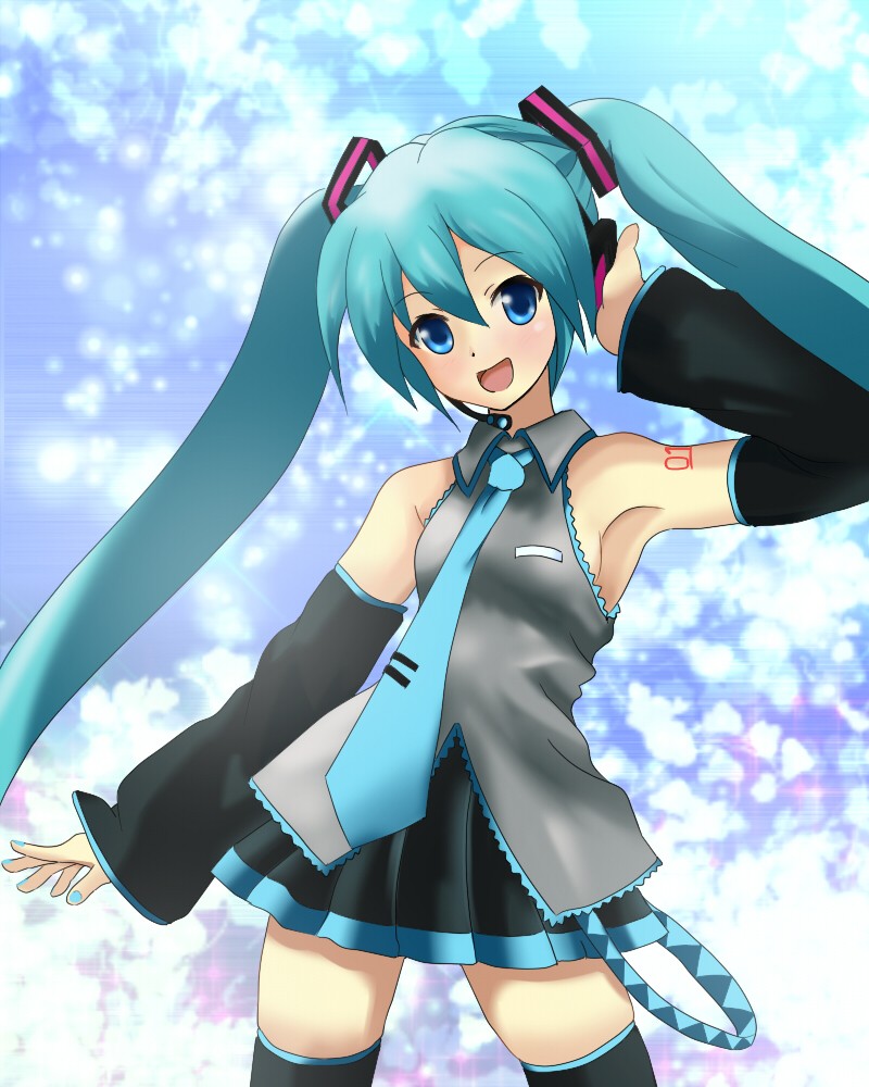 miracle (miracle1980), hatsune miku, vocaloid, 1girl, aqua hair, blue eyes, female focus, long hair, necktie, skirt, solo, thighhighs, twintails, very long hair