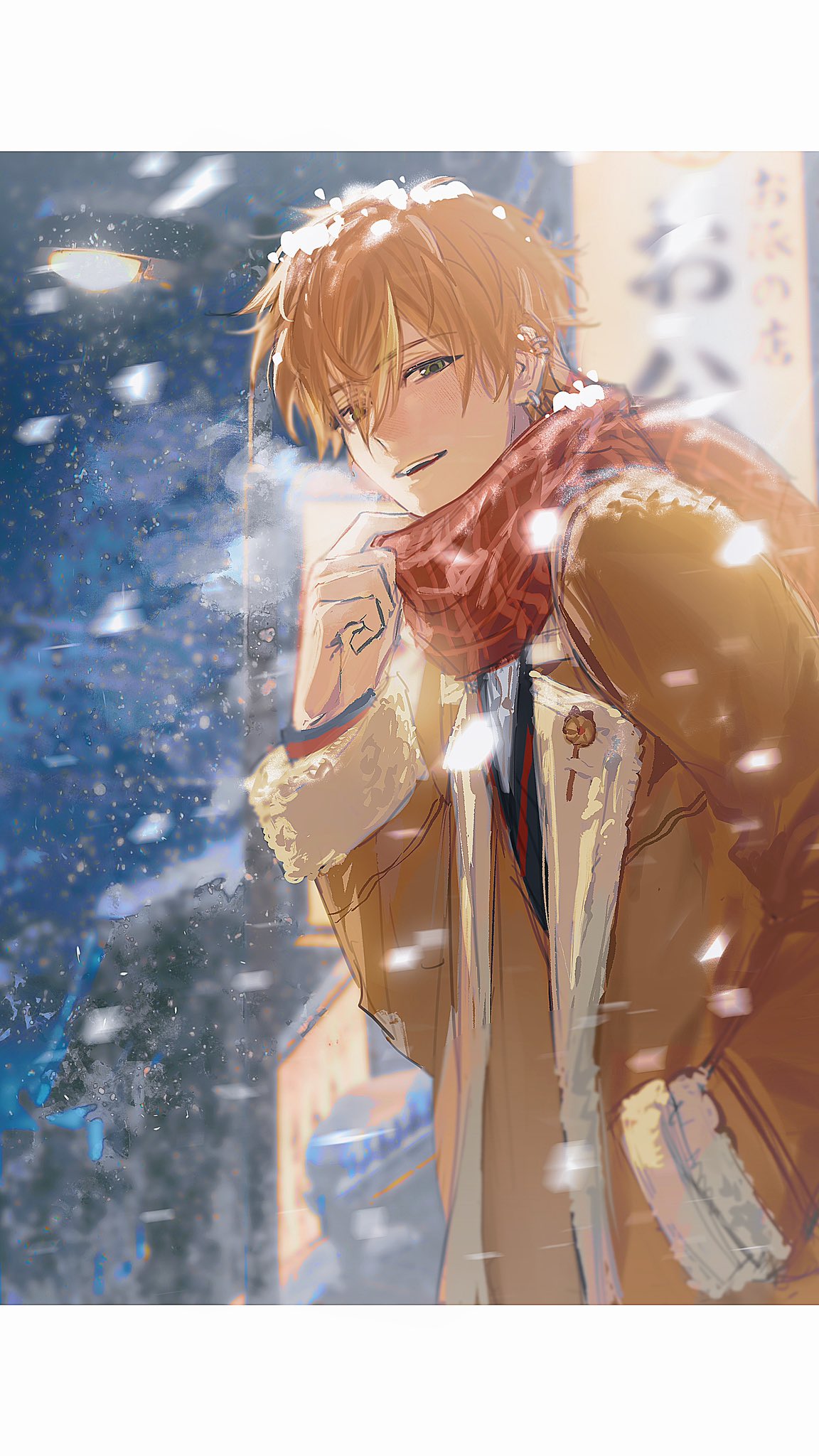shinonome akito, project sekai, commentary, highres, symbol-only commentary, 1boy, blonde hair, brown coat, coat, earrings, eno2424663, fur-trimmed coat, fur trim, green eyes, jewelry, lamppost, multicolored hair, multiple earrings, orange hair, plaid clothes, plaid scarf, red scarf, scarf, snow on head, streaked hair, winter clothes