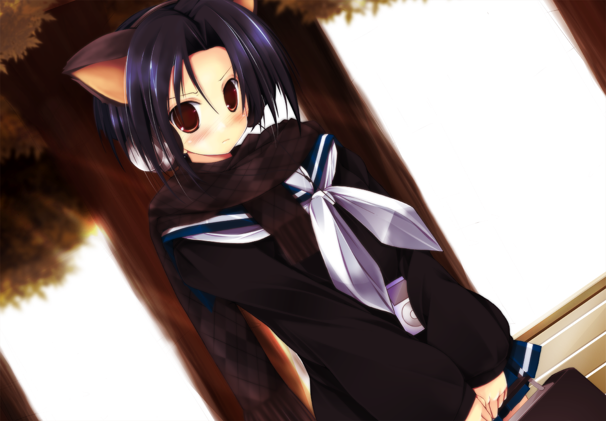 kuon itsuki, kobayakawa rinko, love plus, bookbag, bad id, bad pixiv id, 1girl, bag, blue hair, blush, dutch angle, female focus, headphones, ipod, mp3 player, red eyes, scarf, school uniform, serafuku, short hair, solo, tree