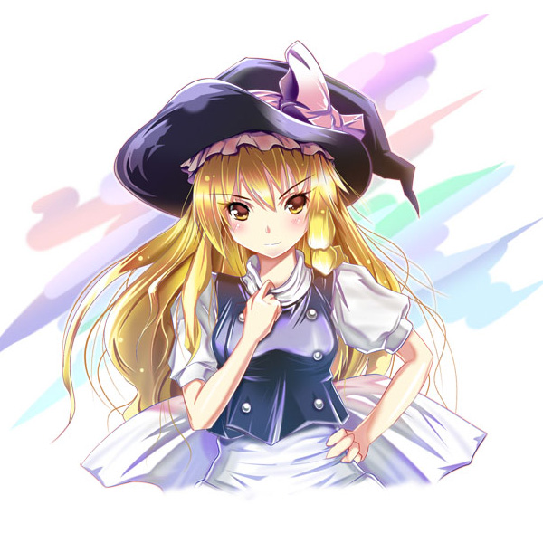 sys.ao, kirisame marisa, touhou, bad id, bad pixiv id, 1girl, blonde hair, blush, bow, female focus, hand on own hip, hat, hip focus, long hair, solo, white background, witch, witch hat