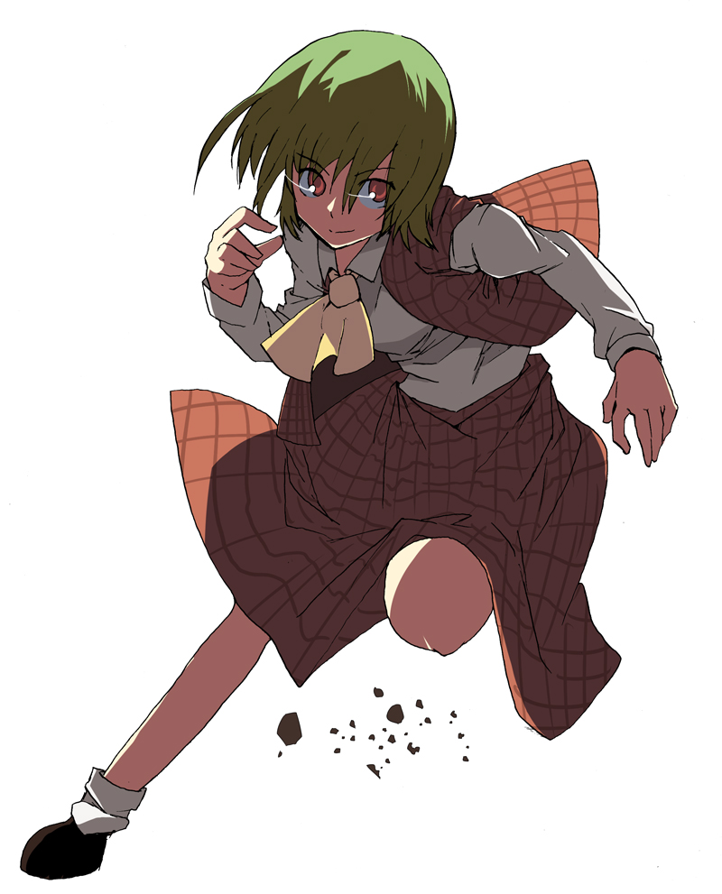 mieharu, kazami yuuka, touhou, 1girl, action, ascot, eye trail, female focus, green hair, leaning forward, light trail, plaid clothes, plaid skirt, plaid vest, red eyes, running, short hair, simple background, skirt, skirt set, smile, solo, vest, white background