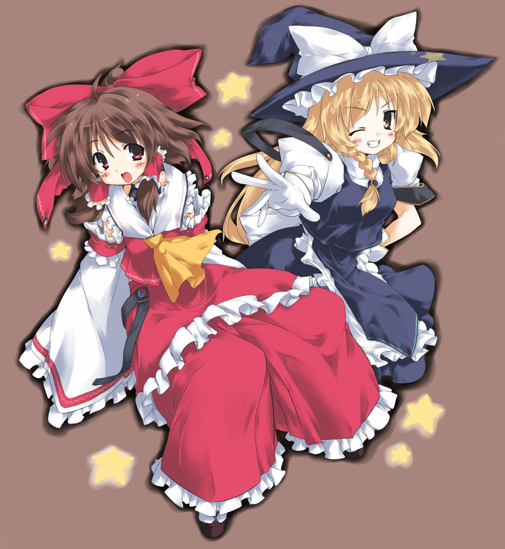 take shinobu, takesinobu, hakurei reimu, kirisame marisa, touhou, bad id, bad pixiv id, 2girls, blonde hair, female focus, hat, japanese clothes, miko, multiple girls, one eye closed, simple background, star (symbol), wink, witch, witch hat