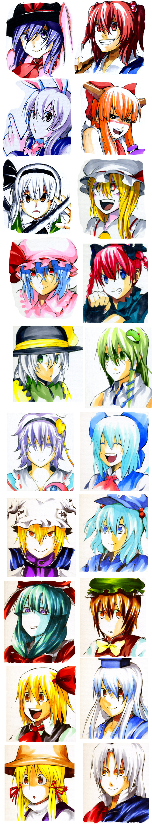 pageratta, chen, cirno, flandre scarlet, ibuki suika, kaenbyou rin, kagiyama hina, kamishirasawa keine, kawashiro nitori, kochiya sanae, komeiji koishi, komeiji satori, konpaku youmu, moriya suwako, nagae iku, onozuka komachi, reisen udongein inaba, remilia scarlet, rumia, yagokoro eirin, yakumo ran, touhou, absurdres, highres, long image, tall image, 6+girls, blonde hair, crazy, everyone, happy, hat, multiple girls, red eyes, ribbon, short hair, smile, two side up