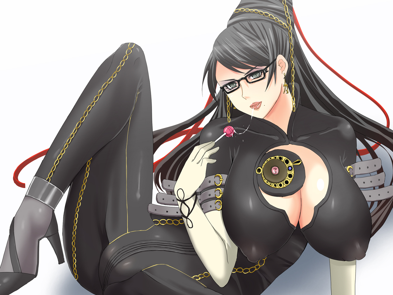 rick.black, bayonetta, bayonetta (series), bayonetta 1, 1girl, black eyes, black hair, breasts, candy, cleavage, covered erect nipples, eyeshadow, female focus, food, glasses, gradient background, huge breasts, licking, lollipop, long hair, makeup, mole, mole under mouth, saliva, saliva trail, solo, white background