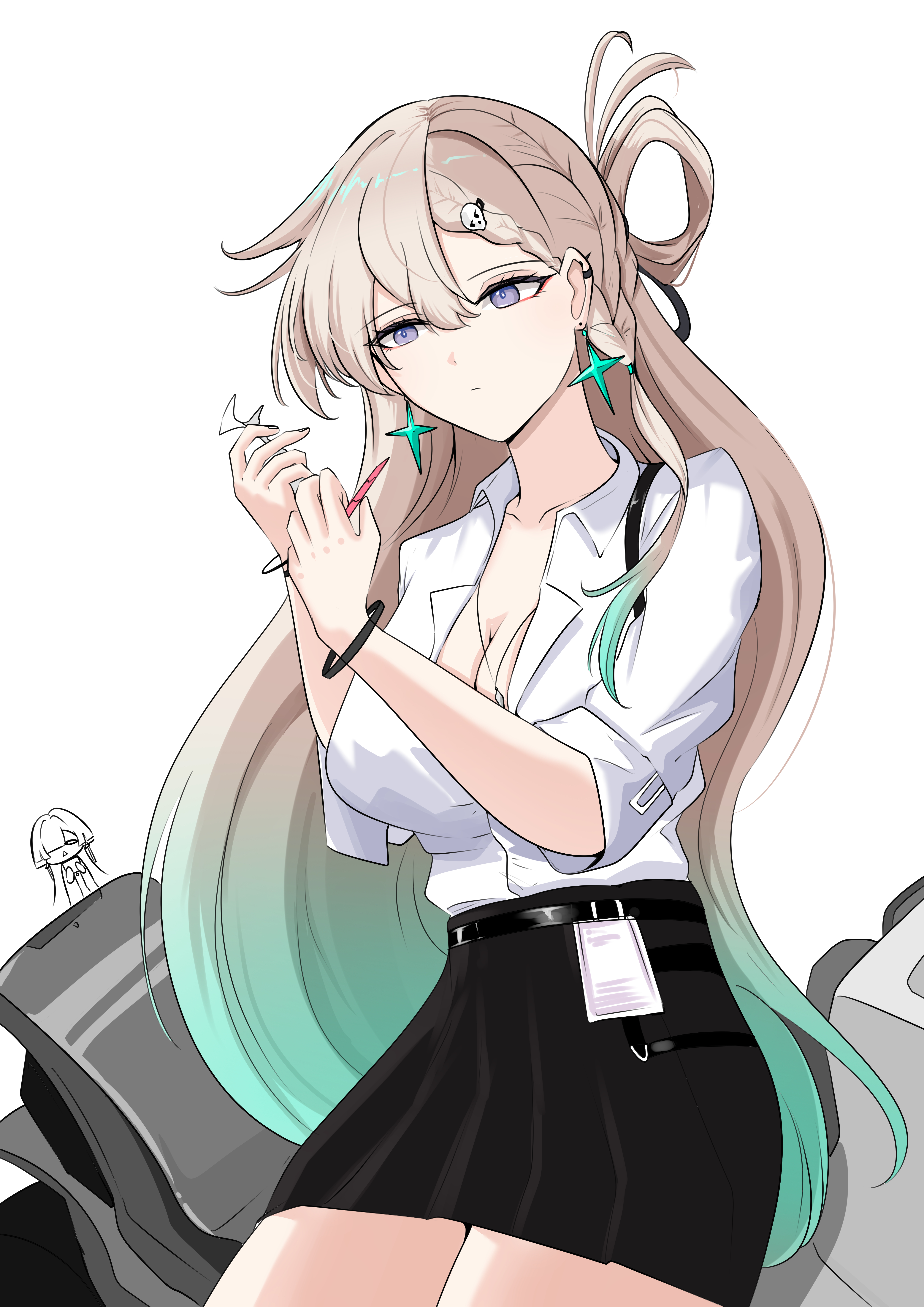 waist (chem5772), lynae (wuthering waves), mornye (wuthering waves), wuthering waves, absurdres, commentary request, highres, korean commentary, 2girls, black skirt, blonde hair, braid, braided bangs, breasts, cleavage, earrings, green hair, hair ornament, id card, jewelry, long hair, long sleeves, multicolored hair, multiple girls, shirt, shirt tucked in, simple background, skirt, skull hair ornament, solo focus, star (symbol), star earrings