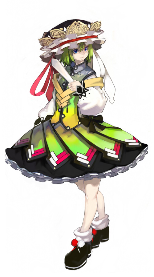 tlman, shiki eiki, touhou, 1girl, alternate costume, black shoes, blue eyes, embellished costume, female focus, full body, green hair, hat, rod of remorse, shoes, solo, standing, white background