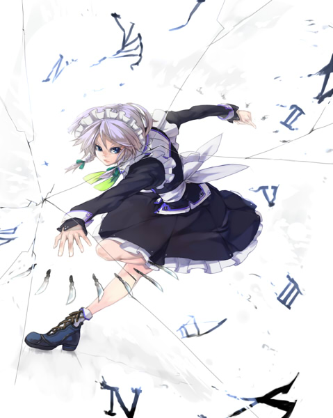 tlman, izayoi sakuya, touhou, 1girl, female focus, full body, knife, maid, roman numeral, short hair, solo, throwing knife, weapon