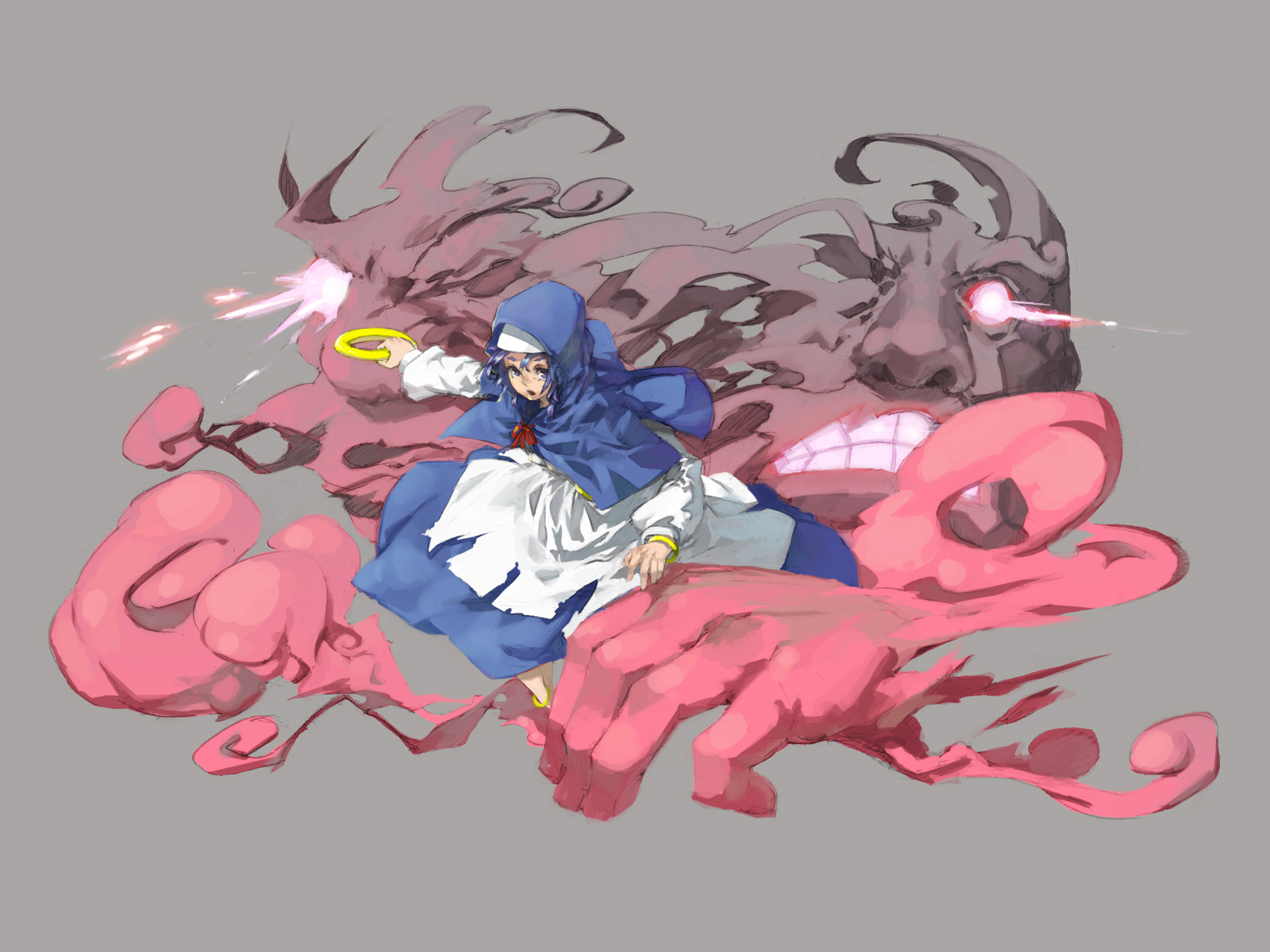 tlman, kumoi ichirin, unzan, touhou, highres, 1girl, apron, clenched teeth, full body, grey background, holding, hood, jewelry, long sleeves, ring, simple background, teeth, waist apron