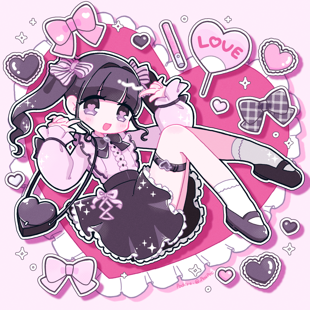 pochirou (ponpoc), commentary request, 1girl, :d, black bow, black hair, black skirt, bow, dress, english text, frilled dress, frills, hair ornament, heart, heart-shaped pupils, legband, light blush, long hair, long sleeves, looking at viewer, open mouth, pink background, pink bow, pink dress, puffy sleeves, purple eyes, simple background, skirt, smile, socks, symbol-shaped pupils, twintails, white socks