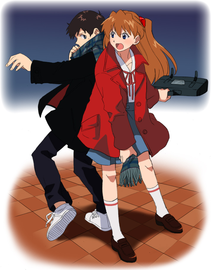 ayanashi kunio, kanimayo, ikari shinji, souryuu asuka langley, neon genesis evangelion, 1boy, 1girl, back-to-back, bag, blue eyes, brown hair, coat, hair ornament, long hair, open mouth, orange hair, scarf, school uniform, socks, twintails, winter clothes, winter coat