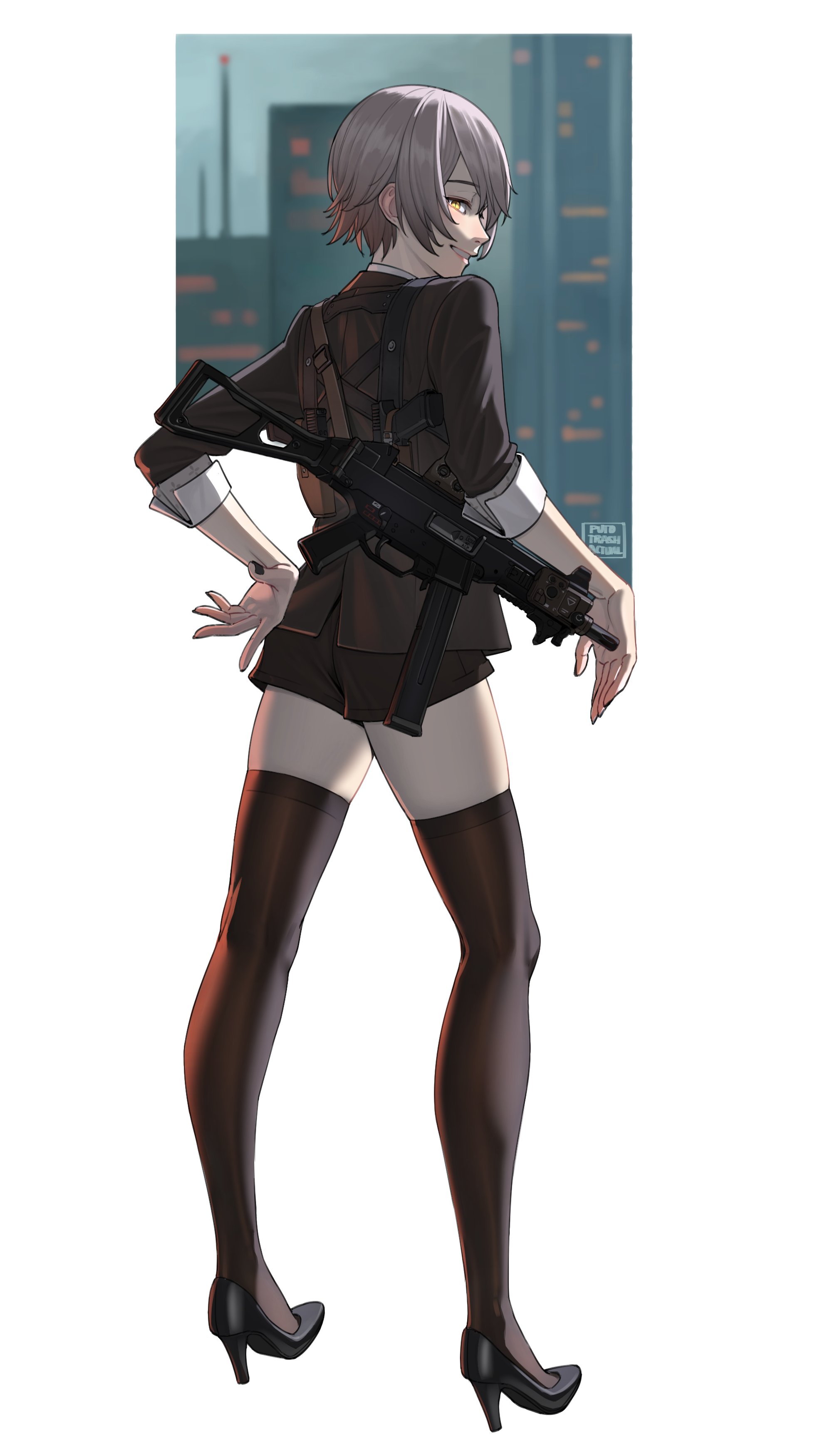 puto trash, leva (girls' frontline 2), ump45 (girls' frontline), girls' frontline, girls' frontline 2: exilium, absurdres, commentary, english commentary, highres, 1girl, artist name, black nails, black shoes, black thighhighs, blonde hair, brown hair, brown jacket, brown shorts, full body, glock, grin, gun, gun sling, h&k ump, handgun, high heels, holstered, jacket, looking at viewer, official alternate costume, official alternate hair length, official alternate hairstyle, shoes, short hair, shorts, simple background, smile, solo, standing, submachine gun, teeth, thighhighs, weapon, yellow eyes