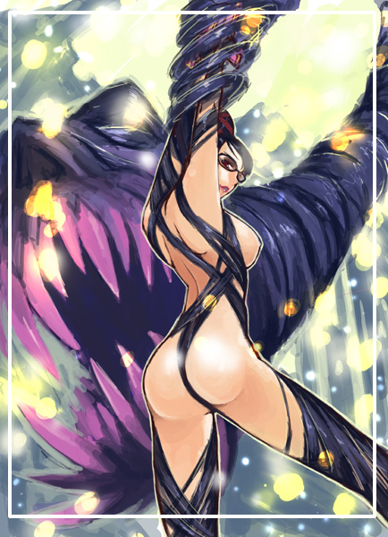 aliesta, bayonetta, bayonetta (series), 1girl, ass, back, black hair, breasts, dragon, female focus, glasses, hair bun, long hair, looking back, red ribbon, ribbon, single hair bun, solo, very long hair