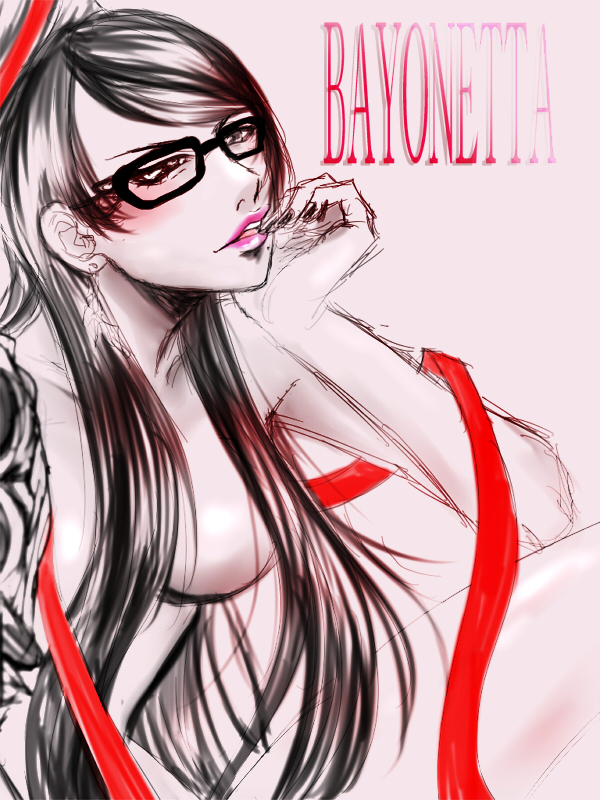 lade (pixiv719020), bayonetta, bayonetta (series), black hair, blush, breasts, brown eyes, glasses, hair bun, long hair, mole, red ribbon, ribbon, single hair bun, very long hair