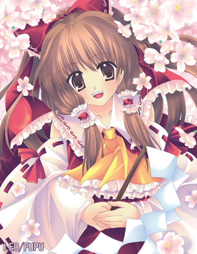 pupu (leopupu), hakurei reimu, touhou, 1girl, bow, brown eyes, brown hair, detached sleeves, female focus, flower, japanese clothes, long hair, miko, solo