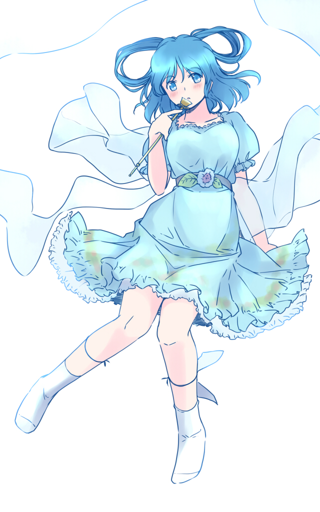 rangycrow, kaku seiga, touhou, commentary request, 1girl, belt, blue dress, blue eyes, blue hair, blush, collarbone, dress, flower ornament, full body, grey belt, hagoromo, hair rings, holding chisel, knees, knees together feet apart, medium hair, one-hour drawing challenge, parted lips, puffy short sleeves, puffy sleeves, see-through scarf, shawl, short sleeves, socks, solo, white background, white socks