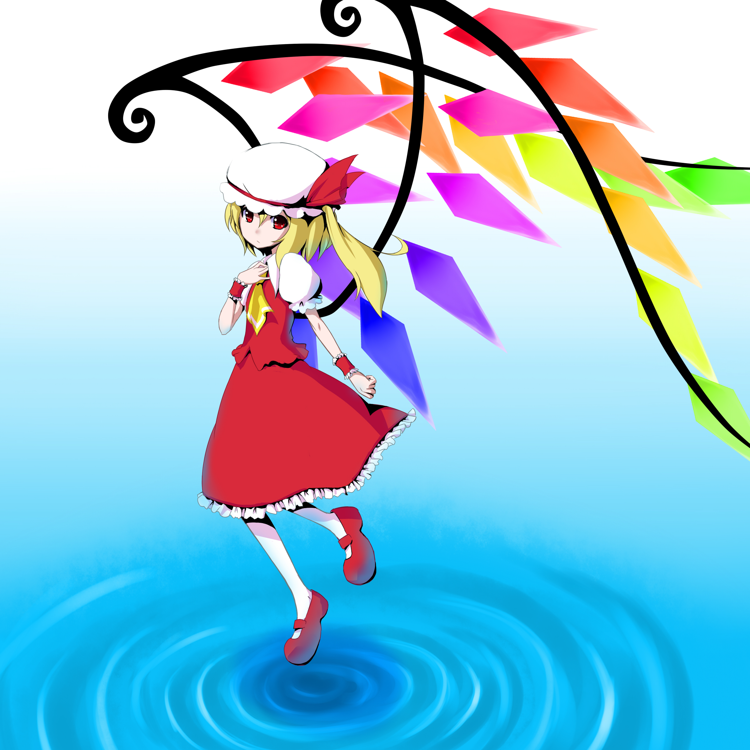 sanraizu, flandre scarlet, embodiment of scarlet devil, touhou, absurdres, bad id, bad pixiv id, highres, 1girl, blonde hair, female focus, full body, hat, one side up, ponytail, red eyes, short hair, side ponytail, solo, wings