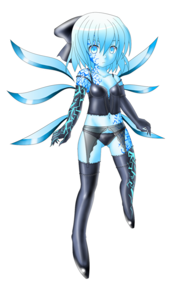 five-seven (0verlimits), cirno, touhou, 1girl, black panties, black thighhighs, blue eyes, blue hair, blue skin, blue theme, bow, bustier, colored skin, dark persona, elbow gloves, empty eyes, female focus, full body, garter belt, gloves, hair bow, lingerie, markings, matching hair/eyes, monochrome, panties, short hair, solo, thighhighs, underwear, white background, wings