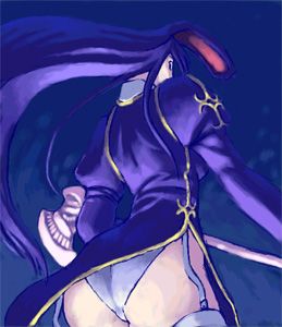 aliesta, lowres, tagme, animal ears, ass, long hair, looking back, panties, pantyshot, purple hair, rabbit ears, underwear, upskirt